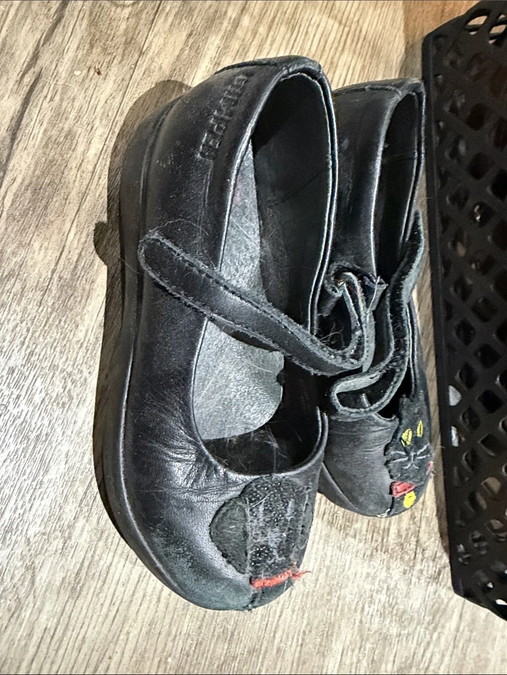 Camper Kids Black Mary Jane Shoes with Cat Embroidery